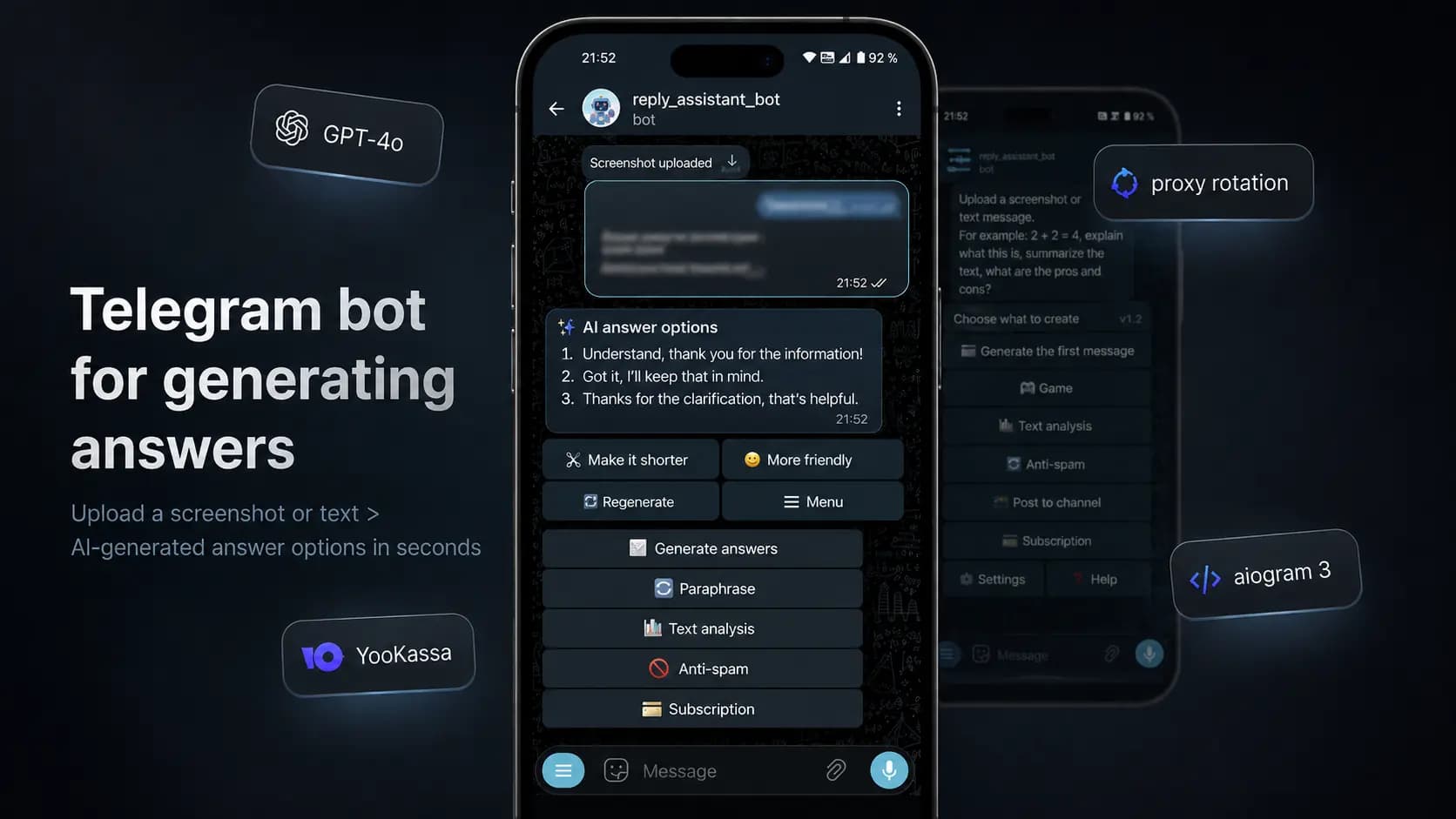 AI reply assistant Telegram bot and moderation pipeline preview - preview_rec