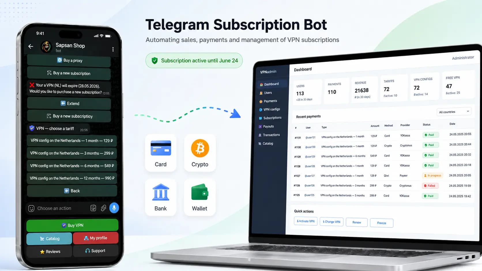 Subscription bot Telegram flow and admin dashboard preview - preview_rec